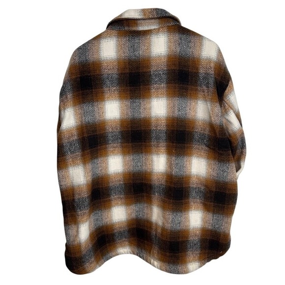 Unisex Plaid Shacket Oversized Button Up Shirt Jacket Brown Cream XL Cozy Rustic - Picture 9 of 9